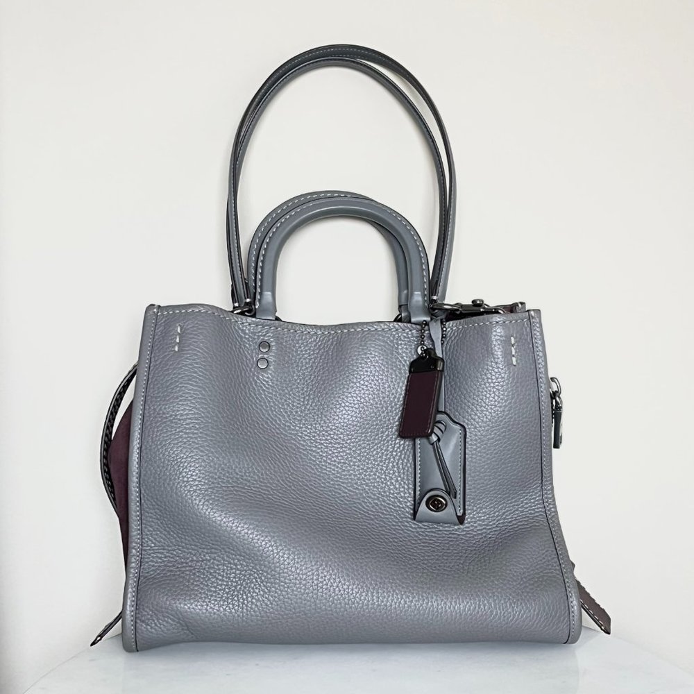 Coach Rogue 25 Grey Purple Colorblock Genuine Pebble Leather Satchels Handbags - Picture 8 of 16